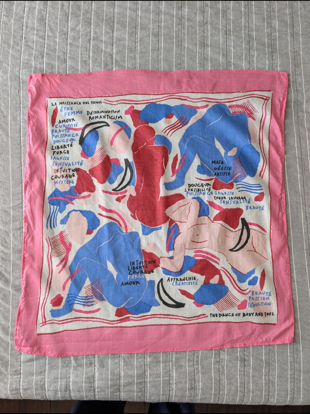 Sézane The Dance of Body & Soul Neck/Head Scarf in pink Blue White Red 21" Sq
